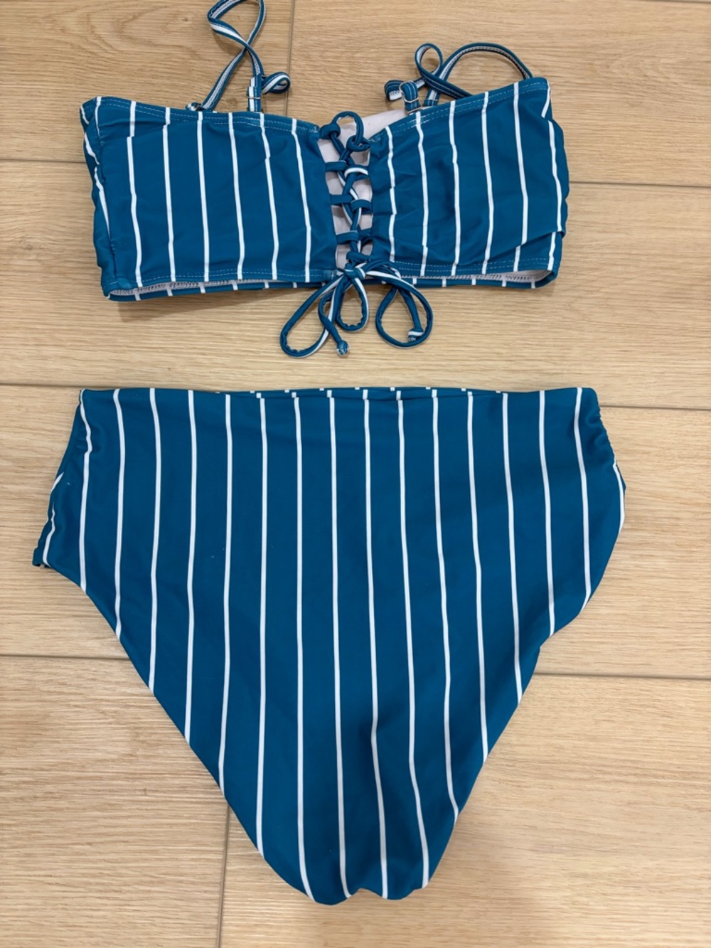 SHEIN Teal Blue White Striped Bikini Set Lace Up Adjustable Straps Polyester M - Picture 2 of 3